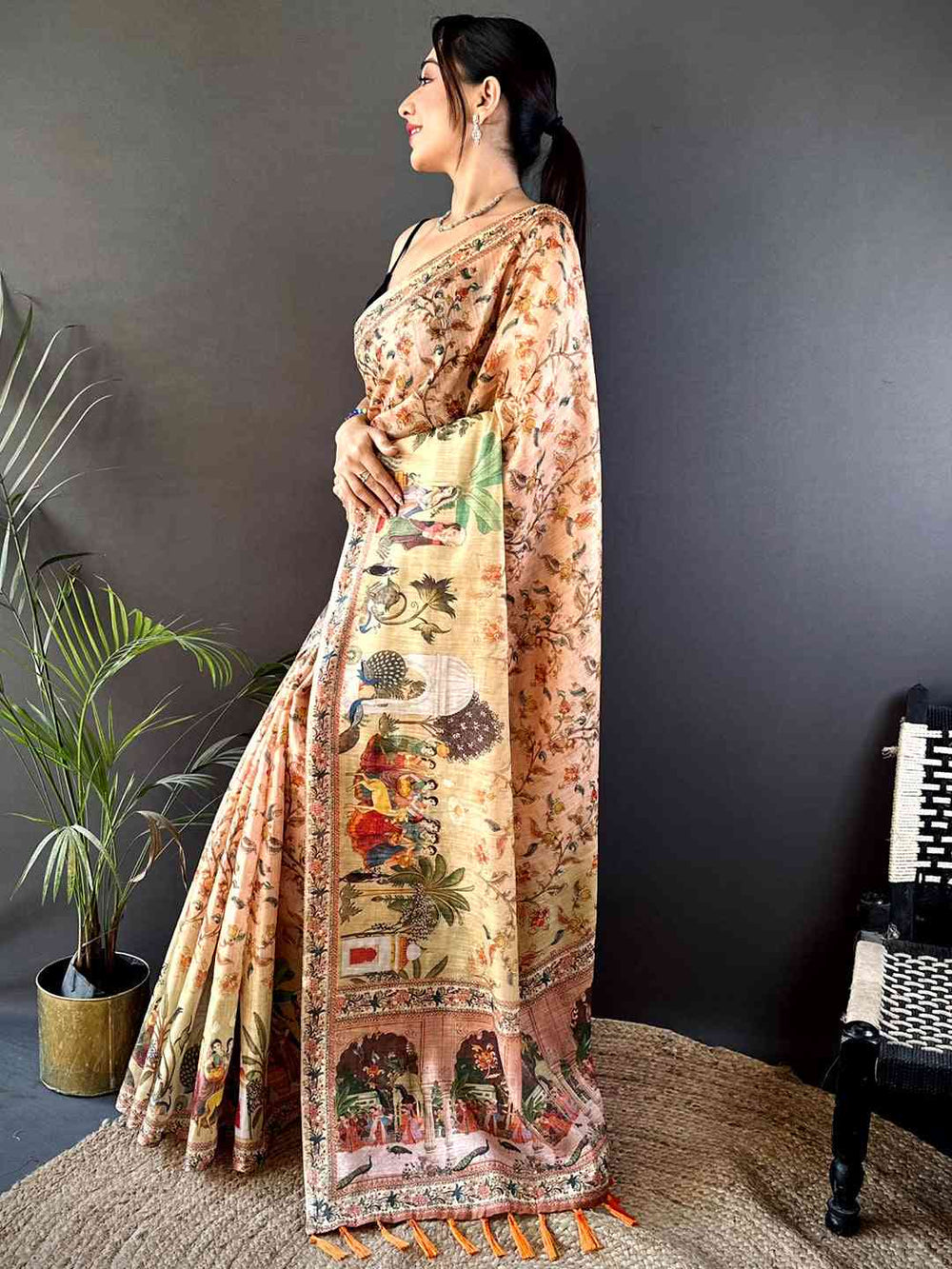 Peach Tussar Pashmina Kalamkari Saree