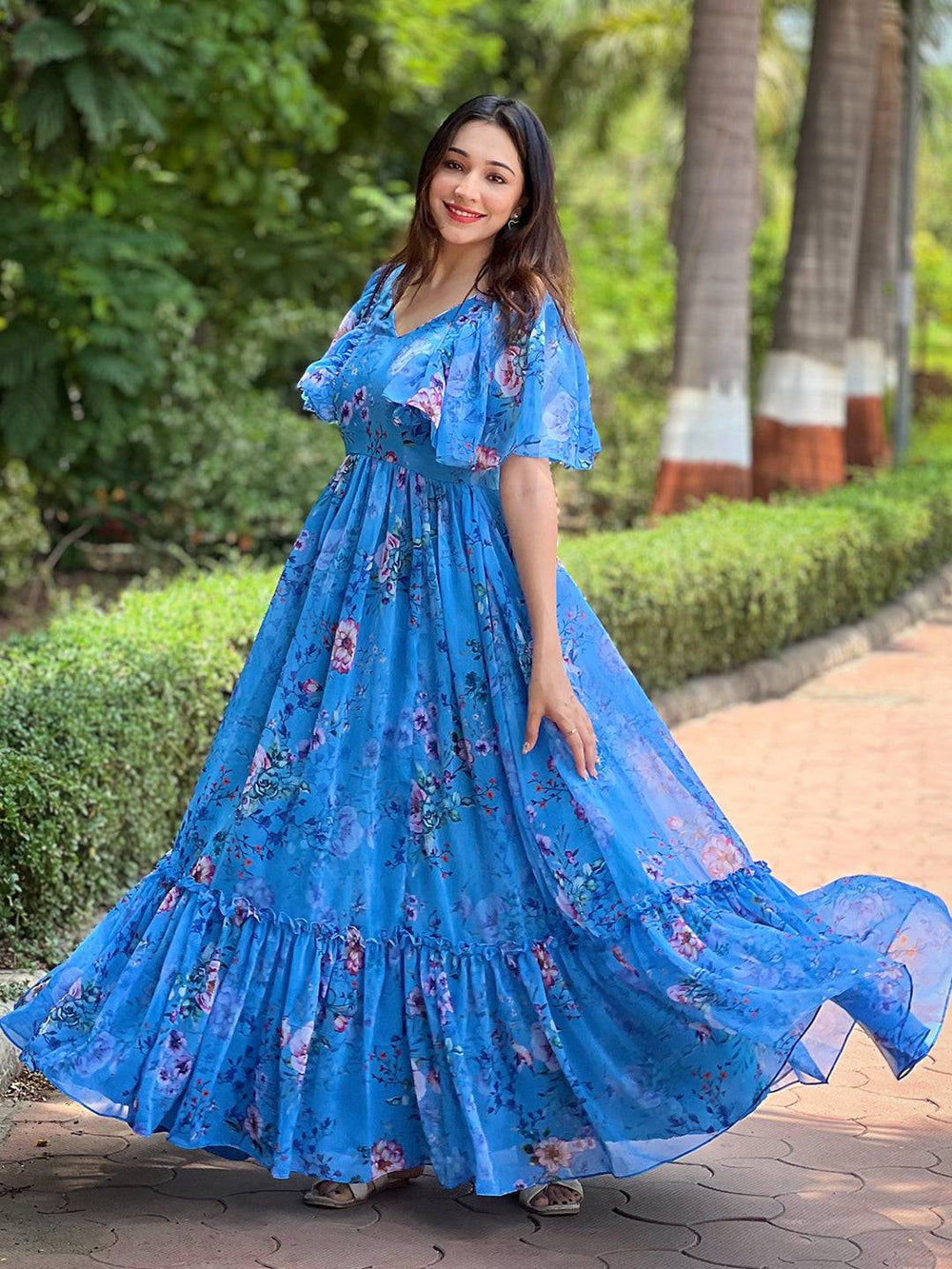Elegant Orchid Blue Flary Dress with floral print