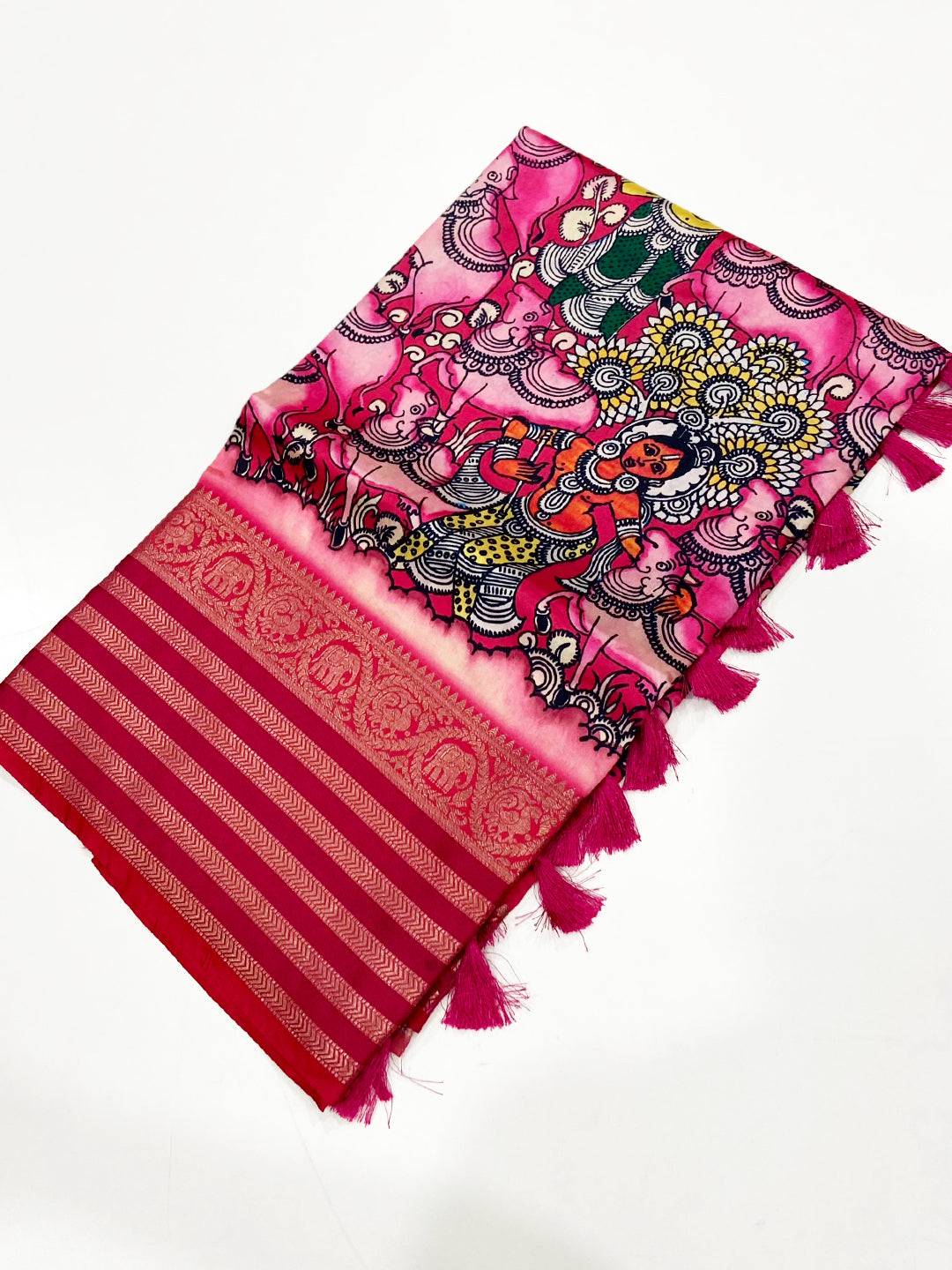 Rose Pink Kalamkari Printed Banarasi Saree