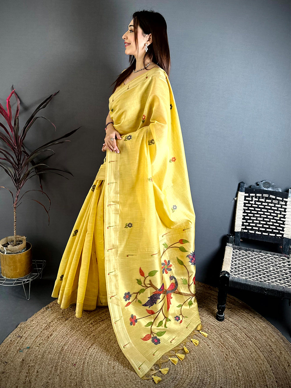 Yellow Sunflower Minakari Khadi Saree
