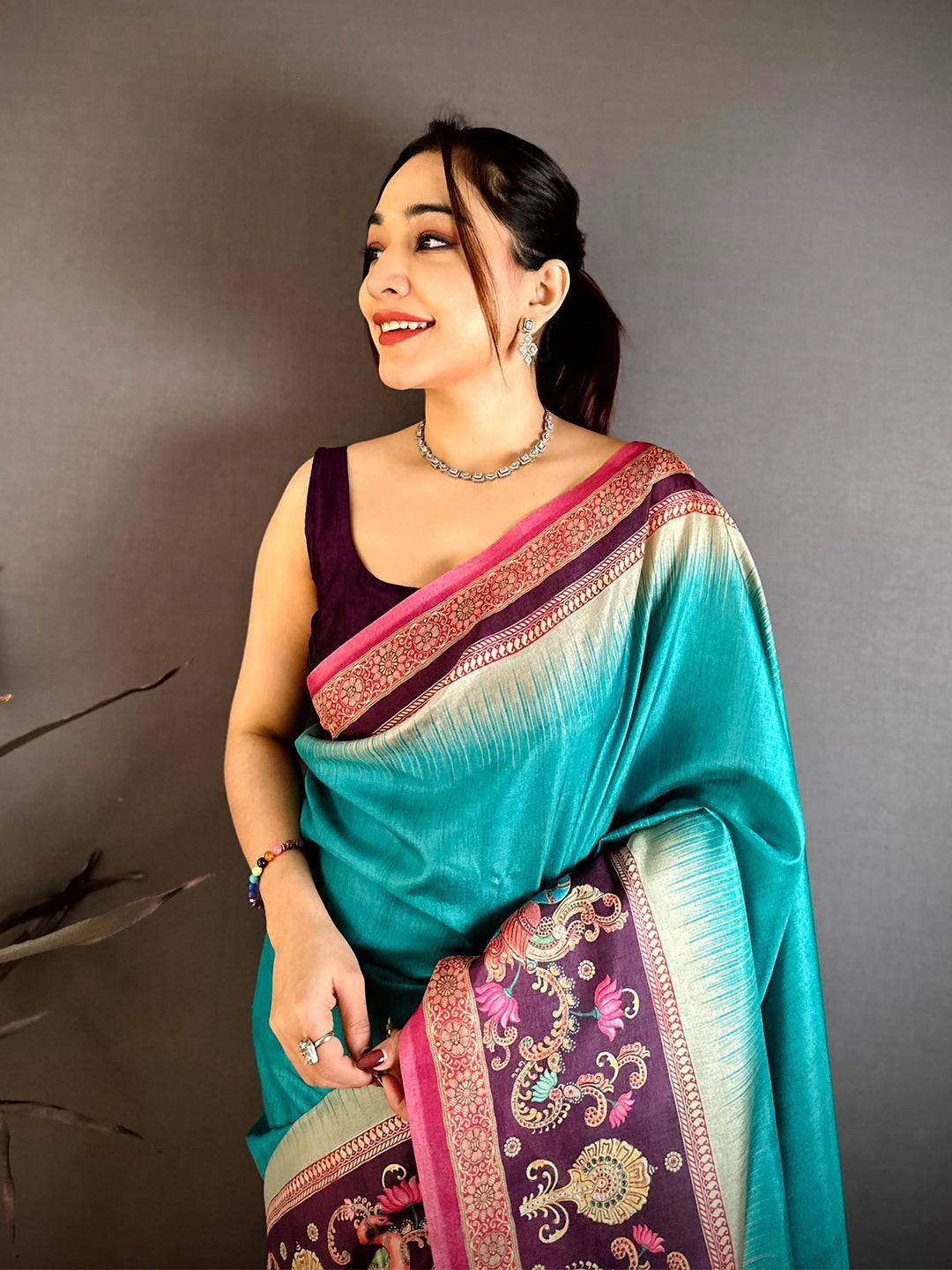Teal Green Pen Kalamkari Saree