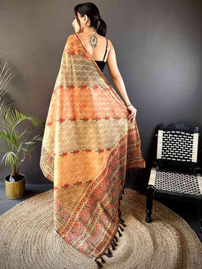 Beige Tissue Chanderi Geometric Floral Saree
