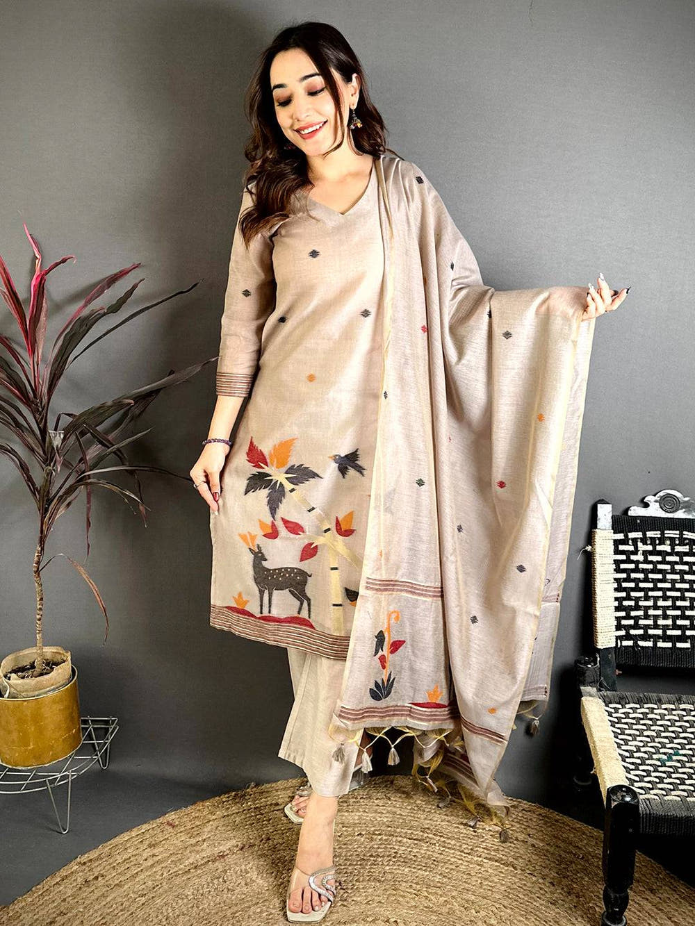 Royal Beige Floral Fusion Dress

