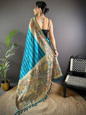 Sky Blue Geometric Zari And Kalamkari Silk Saree

