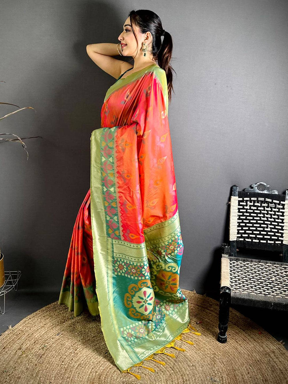 Coral Soft Silk Pochampally Ikkat Minakari Saree