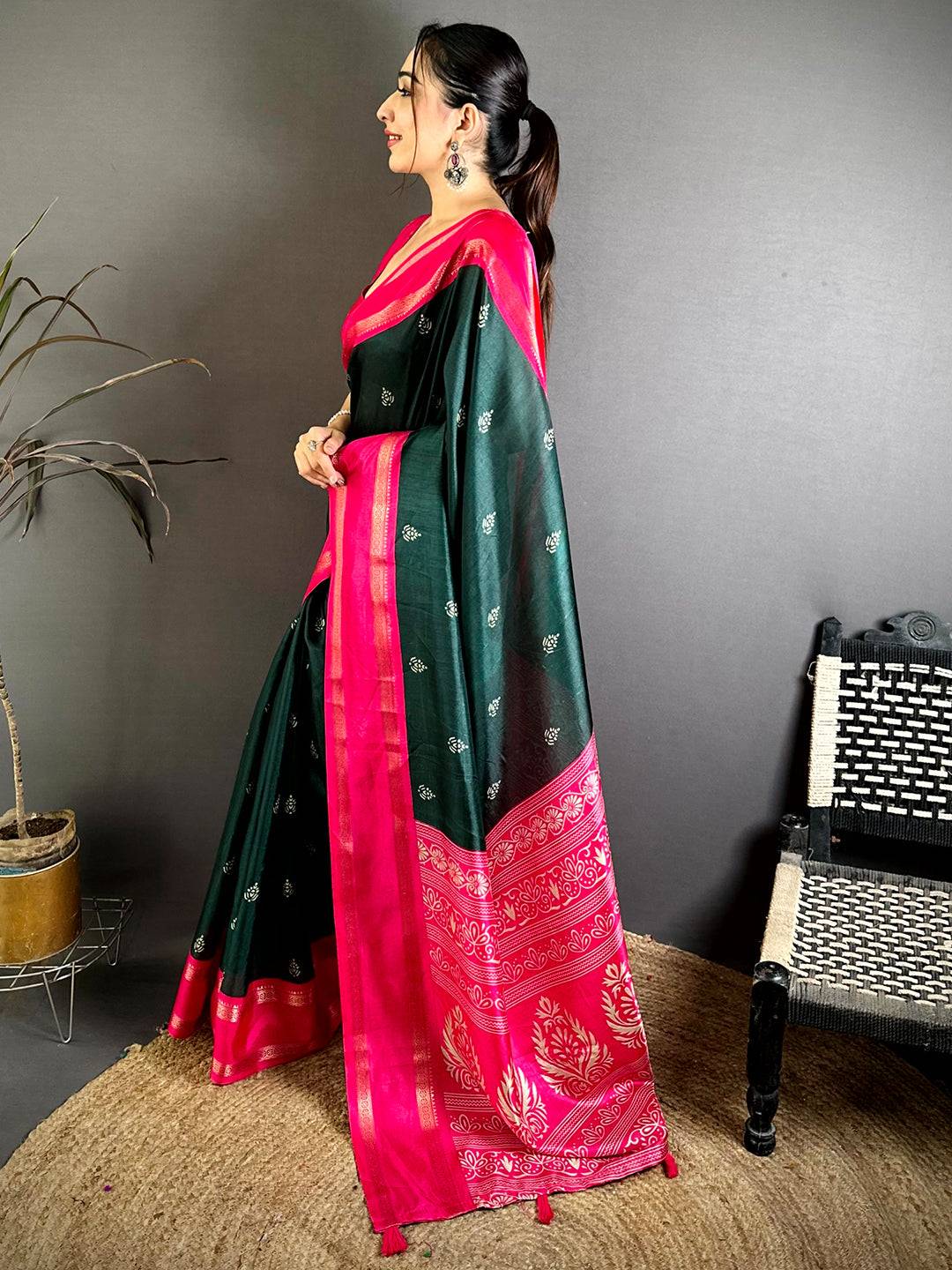 Green Soft Dola Block Print Pallu Saree