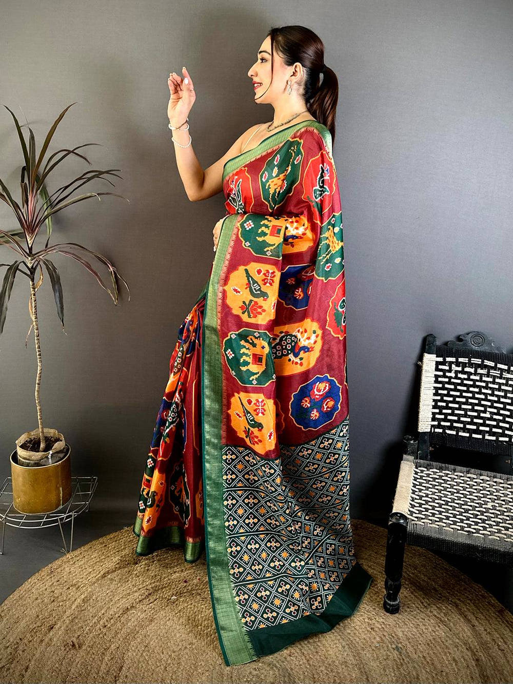 Maroon Soft Dola Big Ikkat Minakari Print Saree