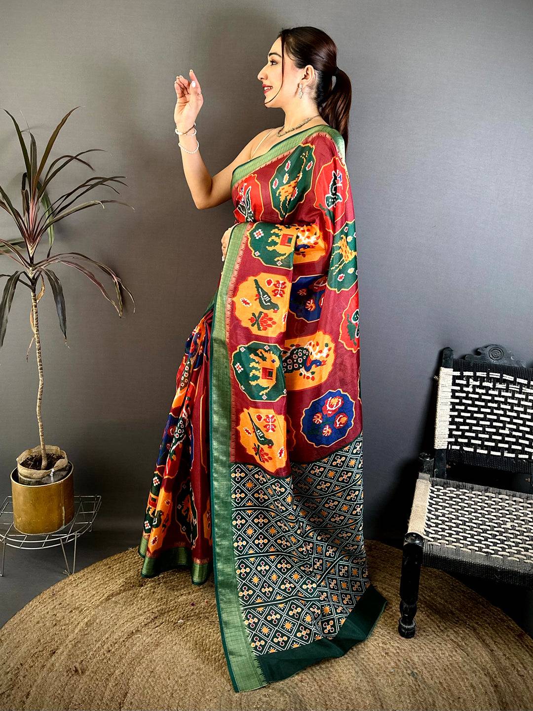 Maroon Soft Dola Big Ikkat Minakari Print Saree