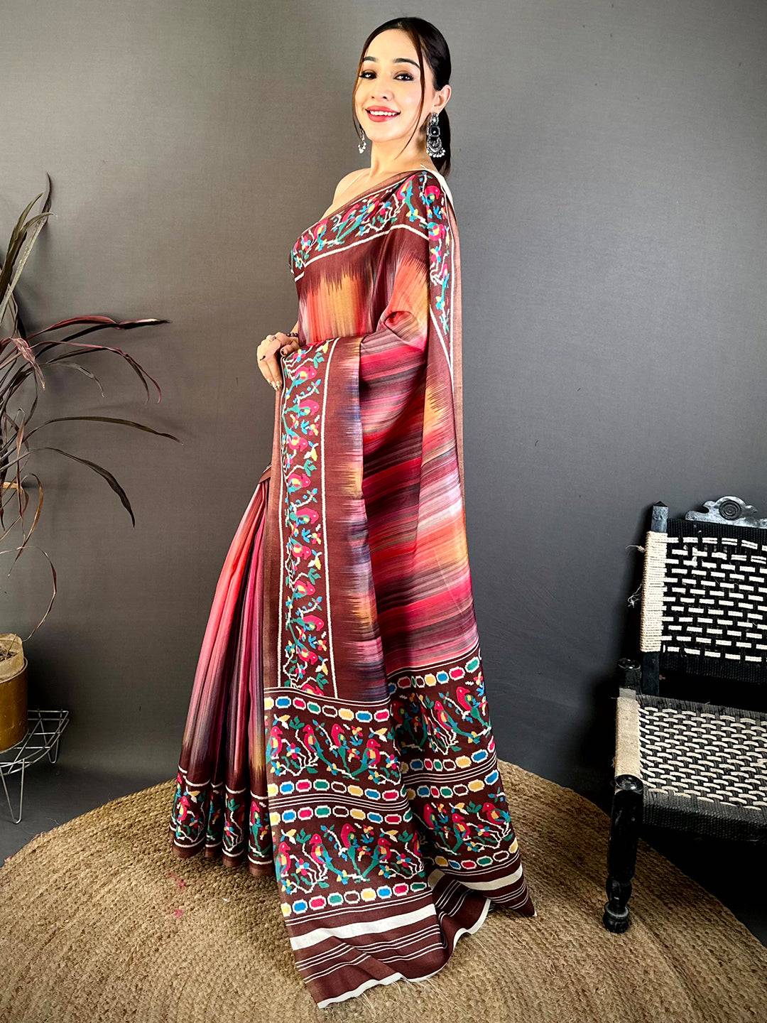 Stylish Parrot Ikkat Print Tussar Saree