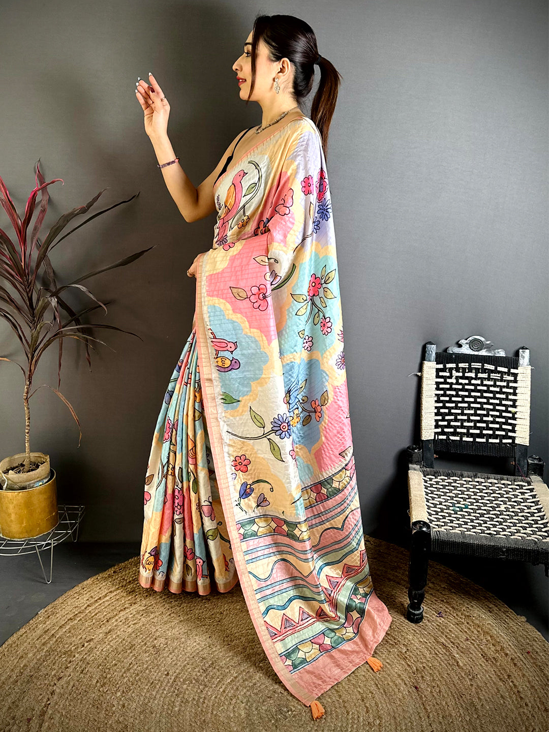 Vibrant Folk Art Tussar Ghicha Saree