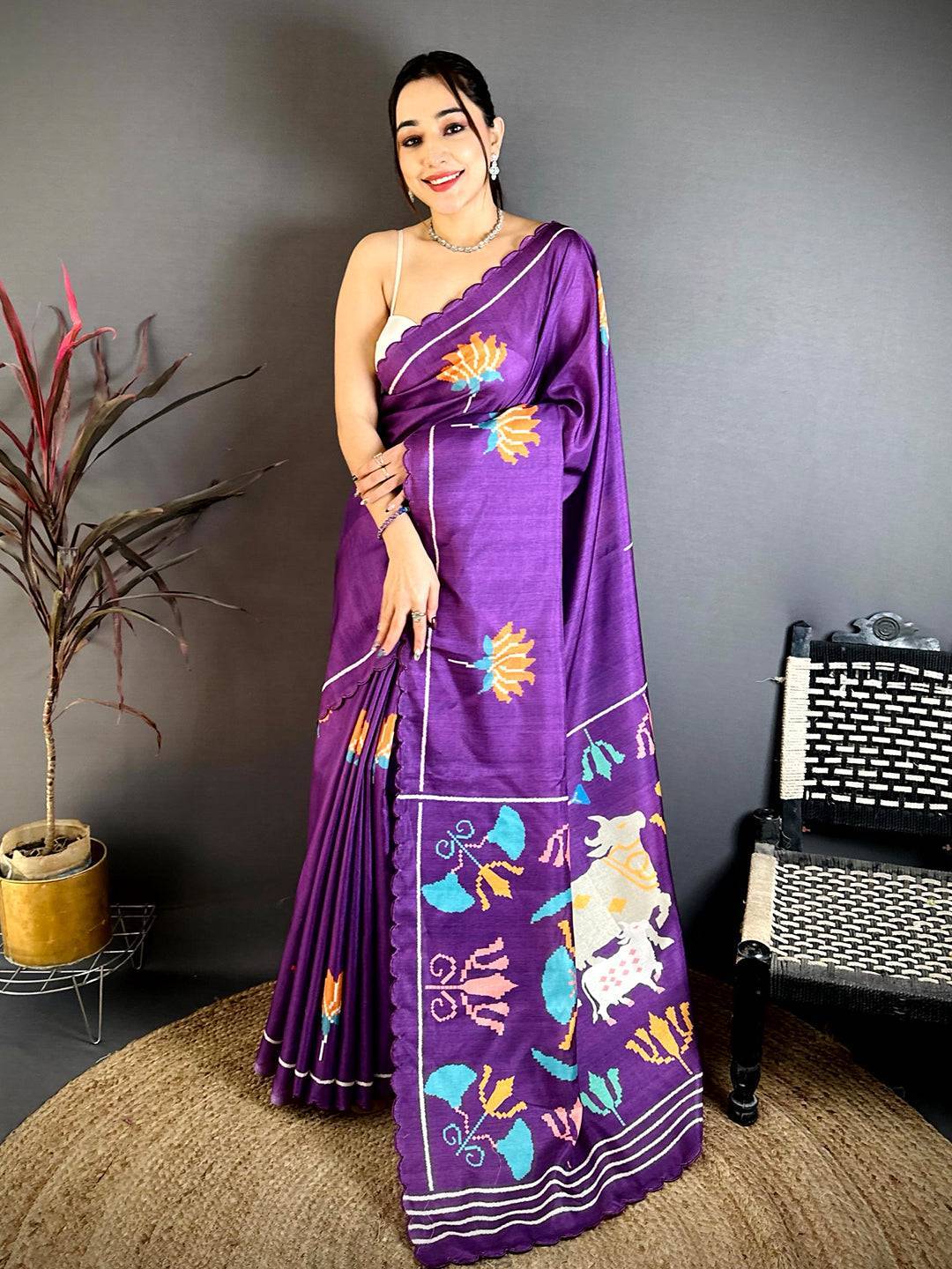 Classic Purple Tussar Thread Work Saree