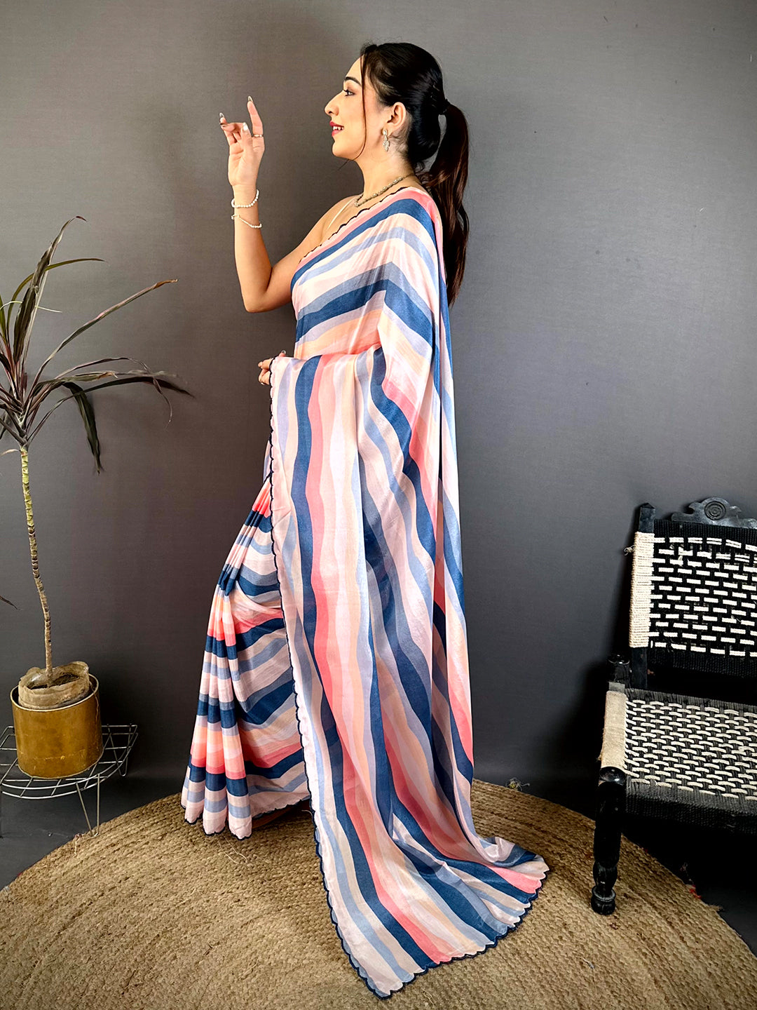 Stylish Soft Chiffon Striped Cutwork Saree