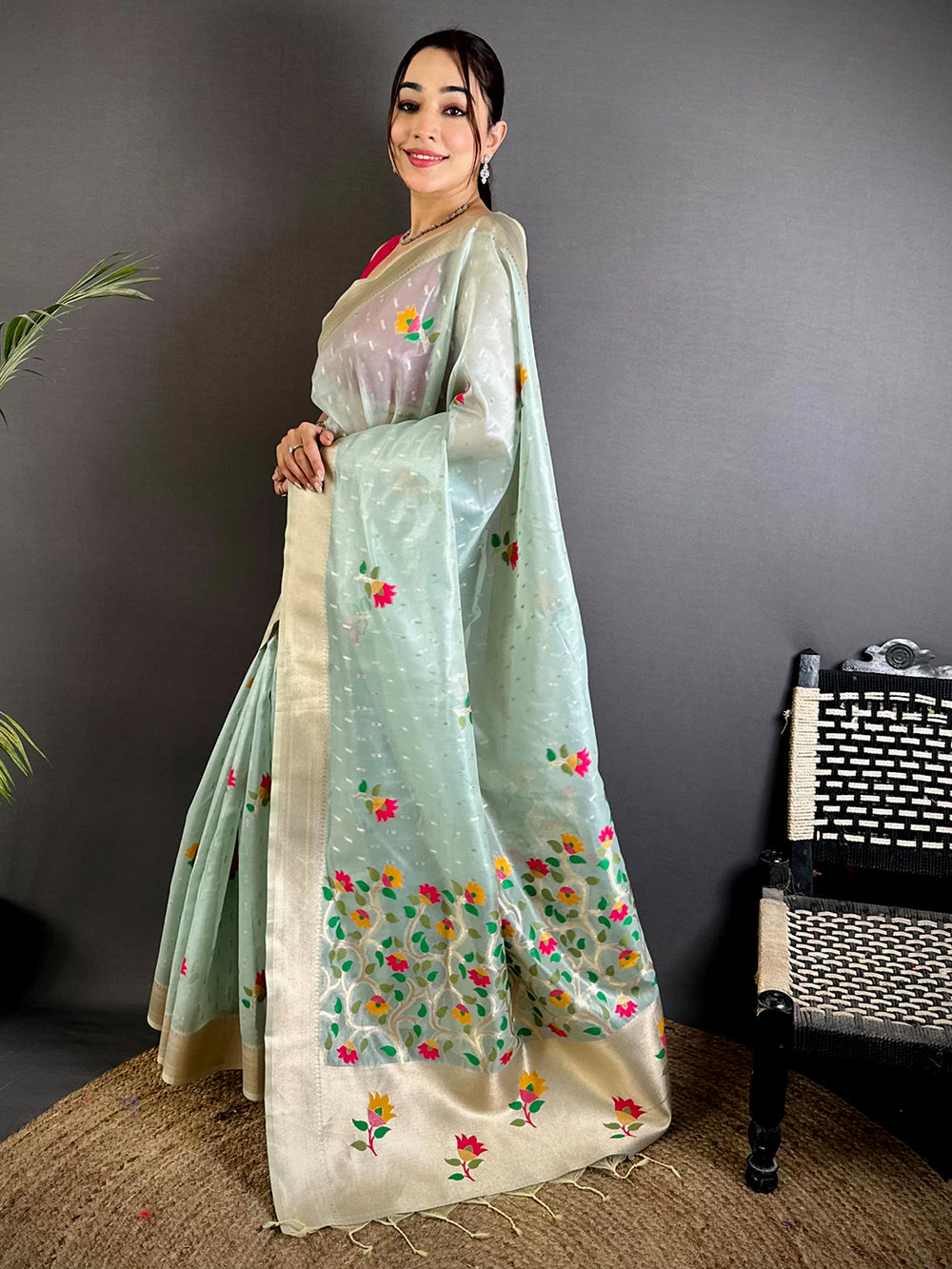 Mint Green Soft Organza Paithani Saree



