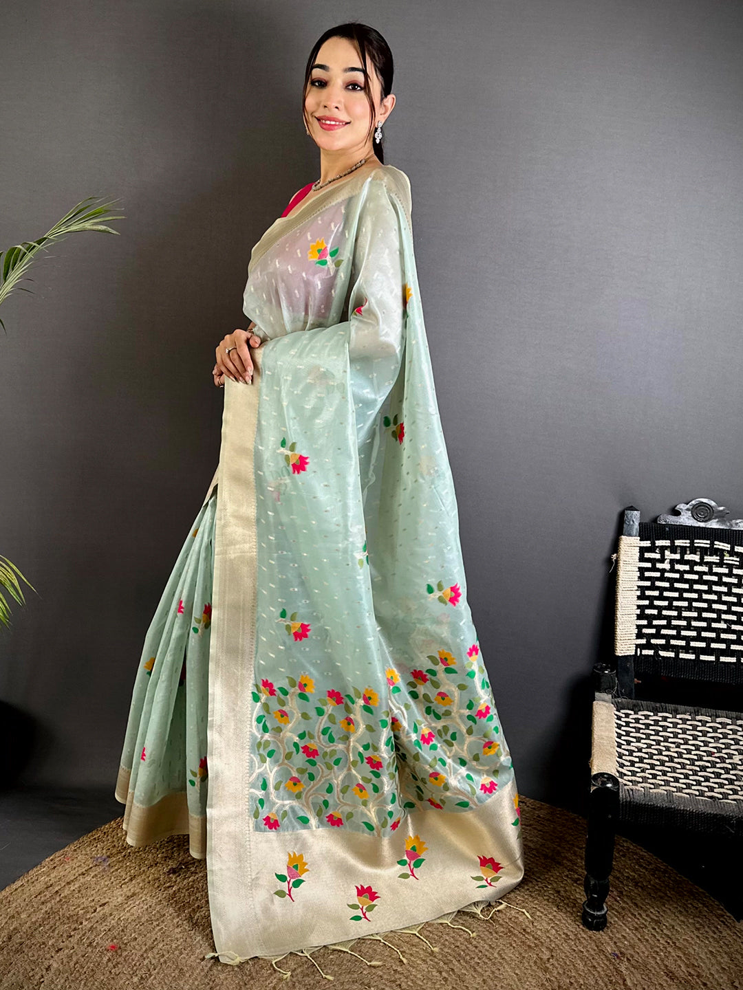 Mint Green Soft Organza Paithani Saree


