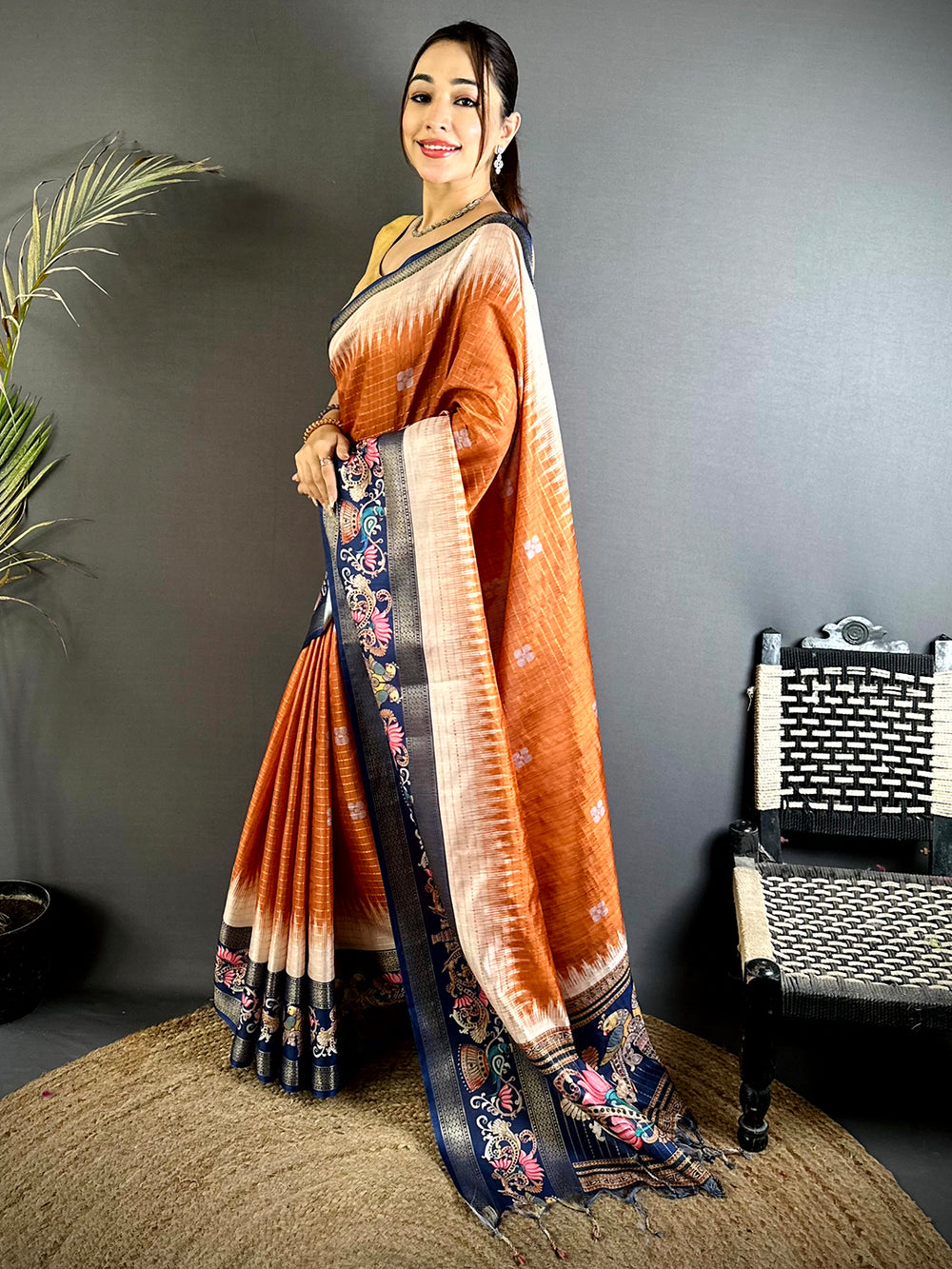 Rust Tanjore Art Semi Silk Saree