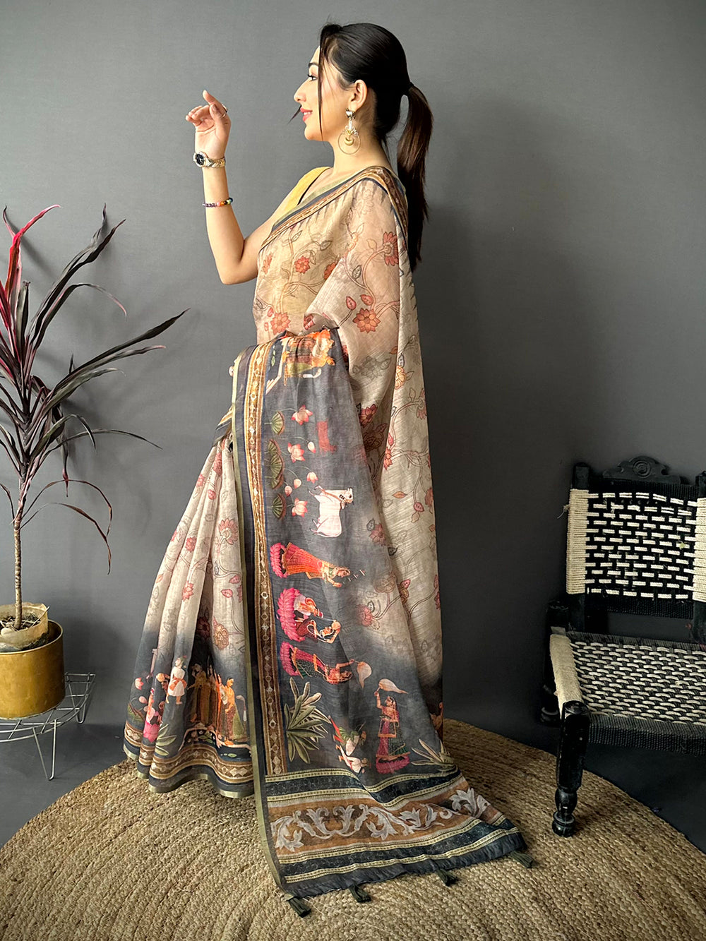 Majestic Pen Kalamkari Digital Linen Saree