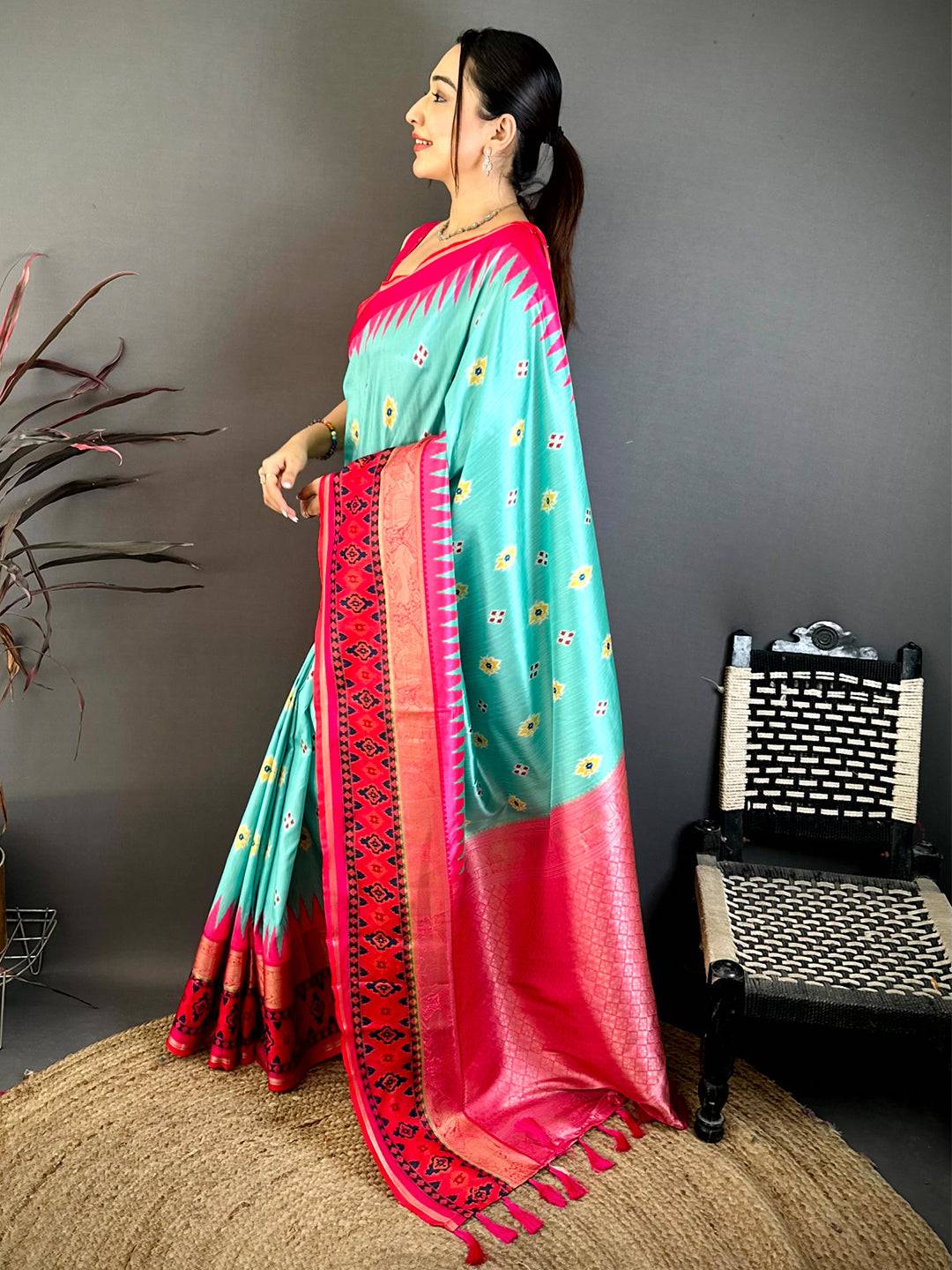 Aqua Contrast Satin Ikat Zari Silk Saree