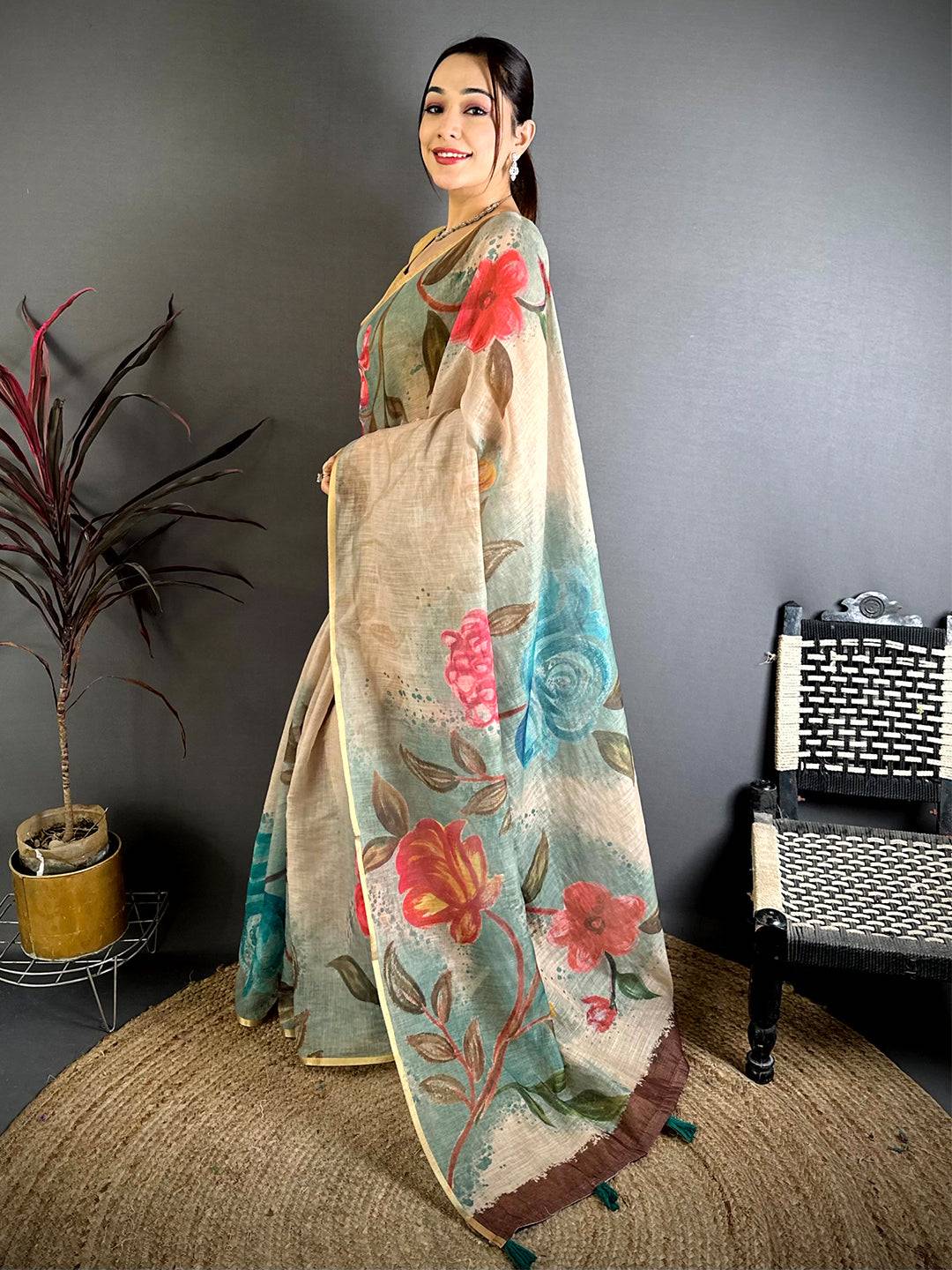 Sage Green Gold Zari Linen Chanderi Saree


