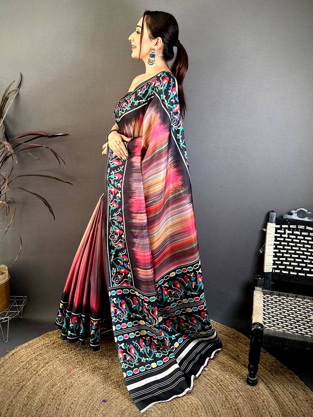 Regal Parrot Ikkat Print Tussar Saree