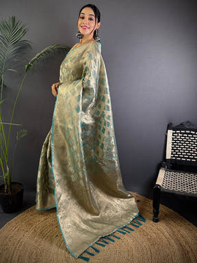 Blue Tissue Jarokha Zari Weaving Saree