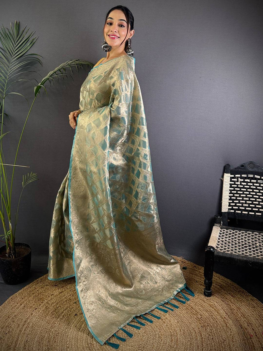Blue Tissue Jarokha Zari Weaving Saree