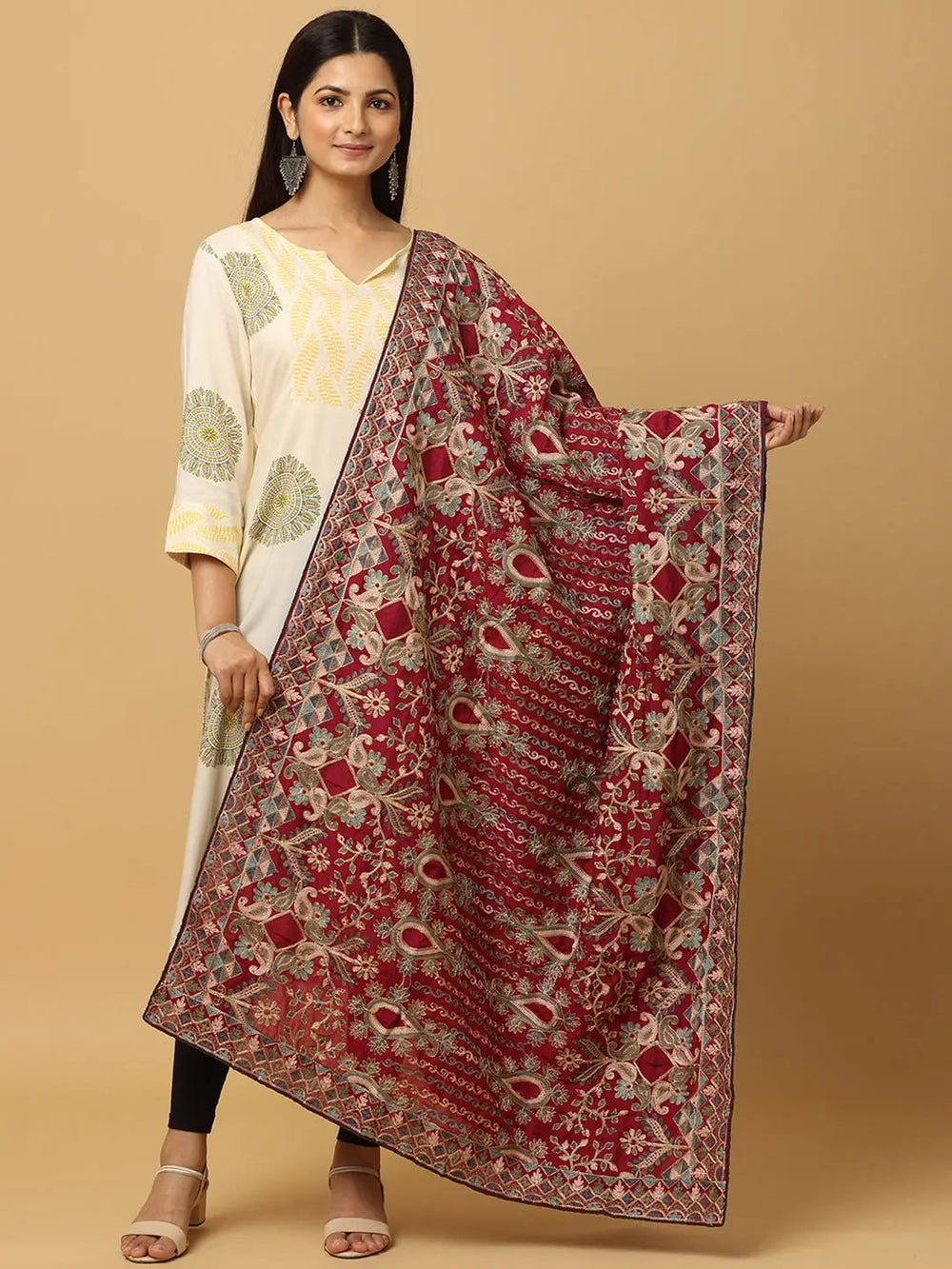 Stylish wine poly chiffon pashmina dupatta with threadwork