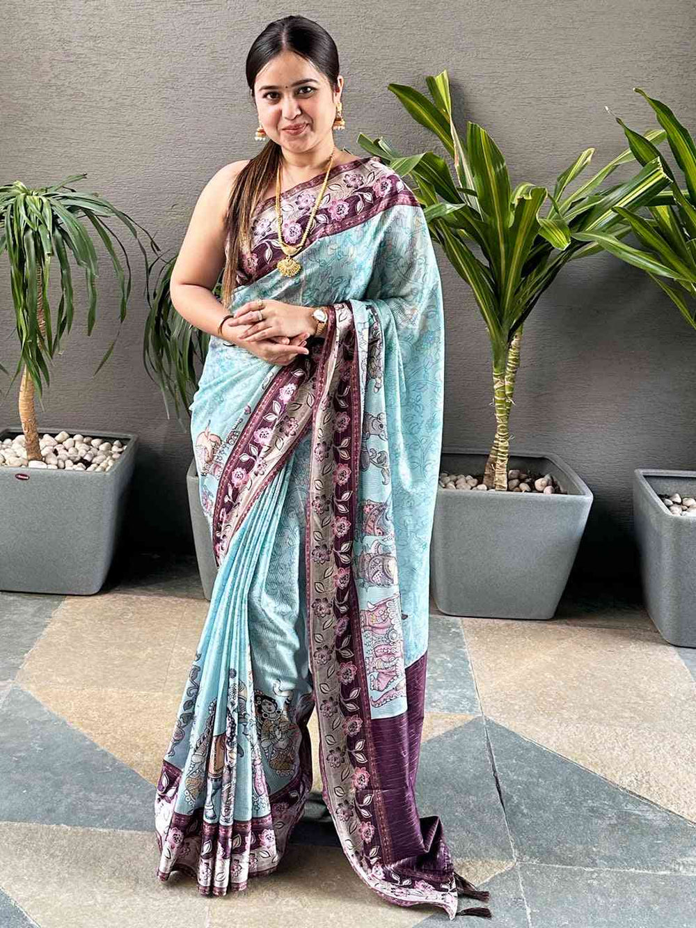 Elegant Kalamkari Saree in Turquoise Satin with Zari Pallu