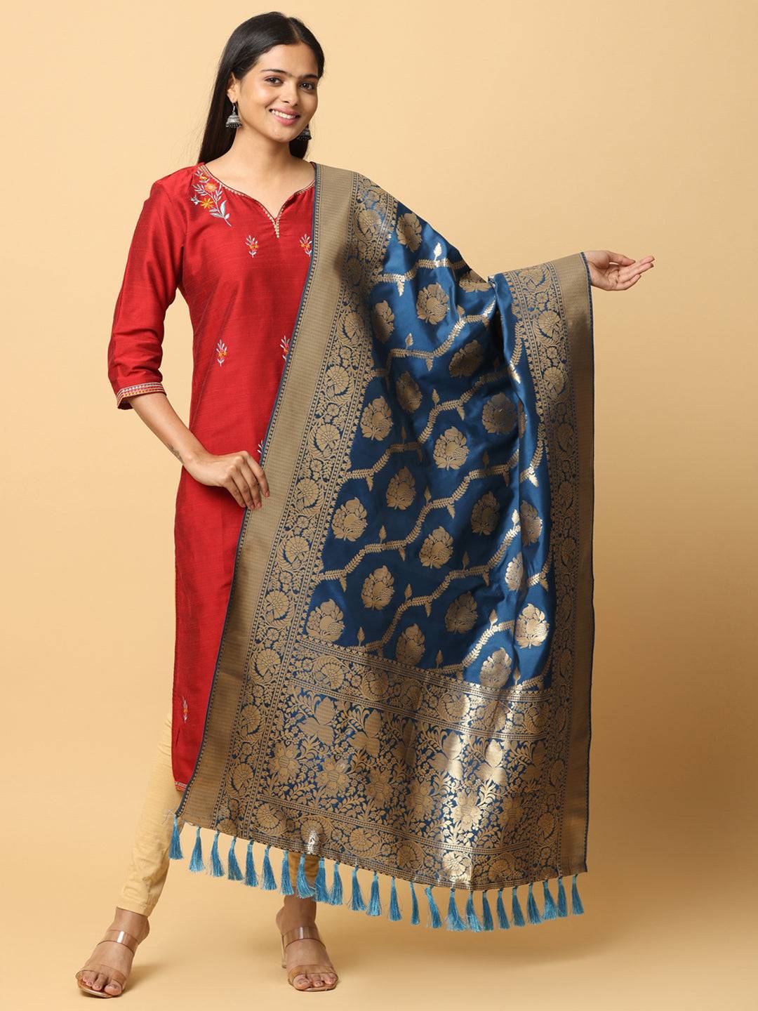 Royal Blue Silk Blend Dupatta with Woven Design
