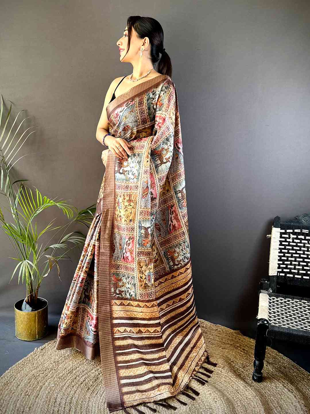 Multi Black Chex Kalamkari Madhubani Saree
