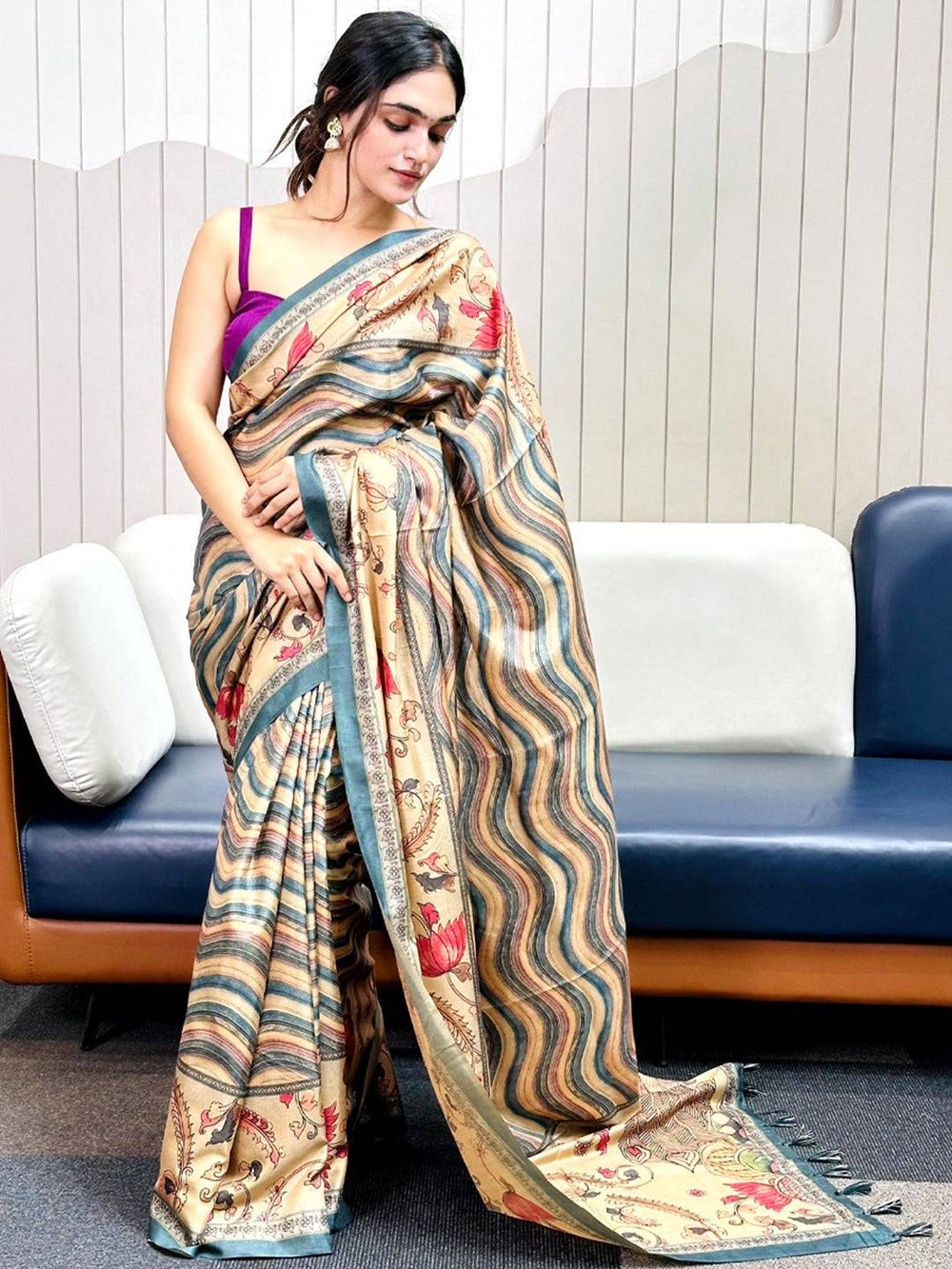 Elegant Teal Tussar Silk Saree with Floral and Leheriya Design