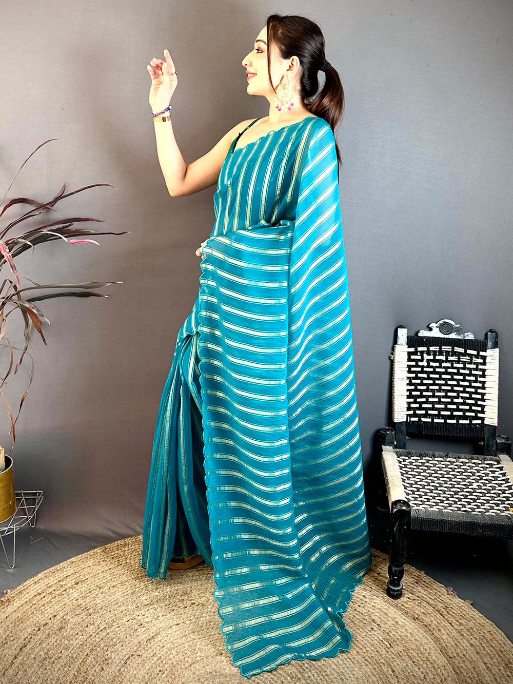 Rama Gold Zari Stripe Chiffon Saree