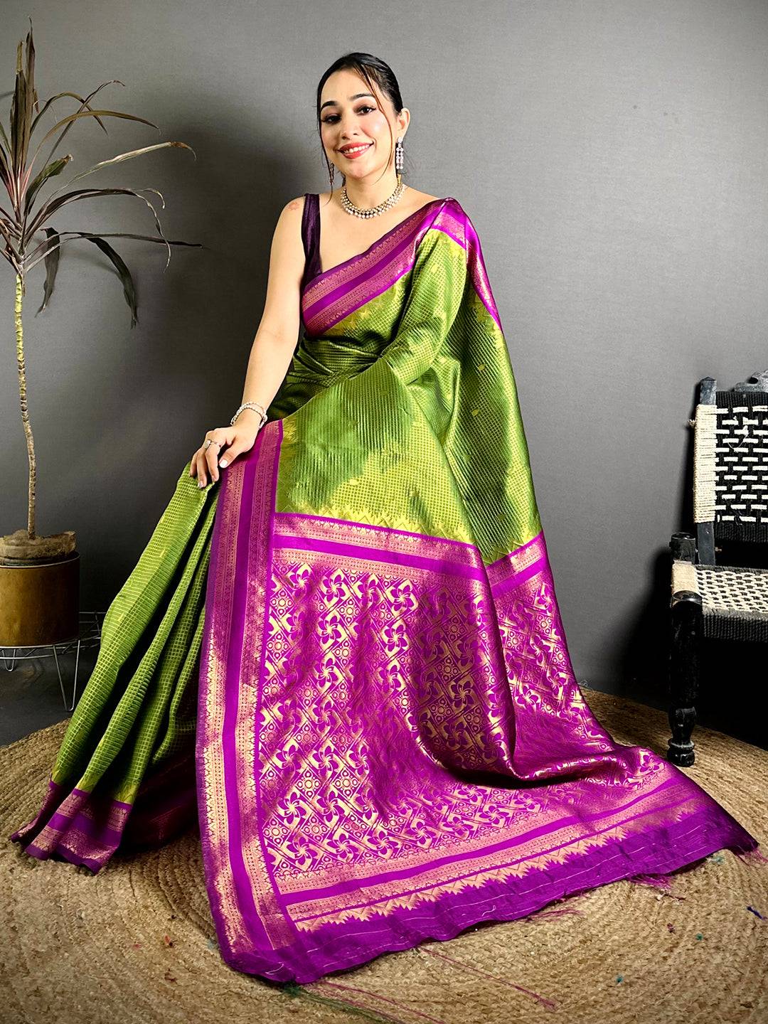 Lime Green Banarasi Katan Silk Gadwal Zari Saree