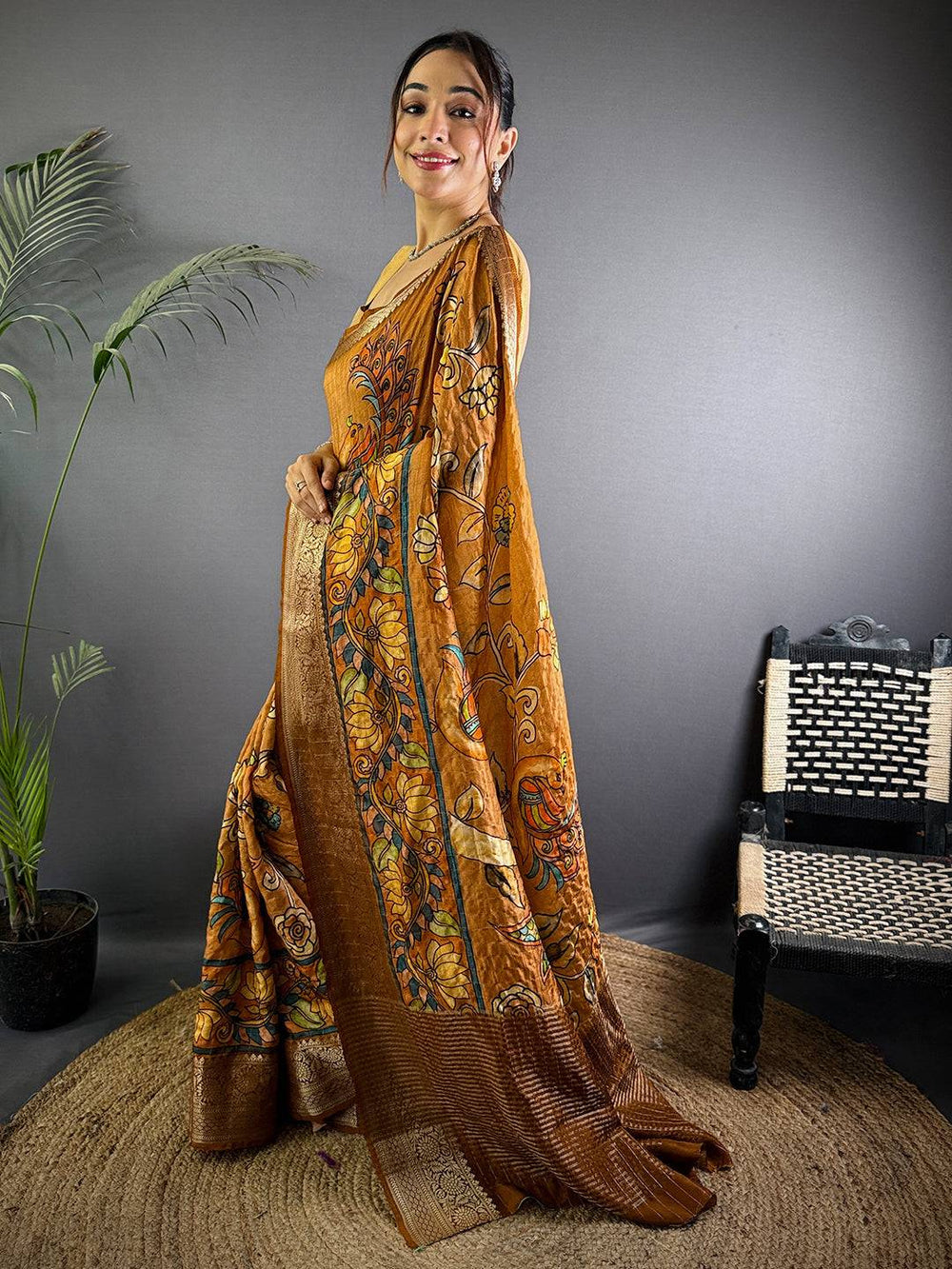 Bronze Kalalmkari Printed Viscose Saree