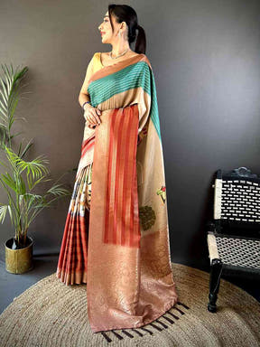 Teal Soft Crep Silk Ombre Print Saree