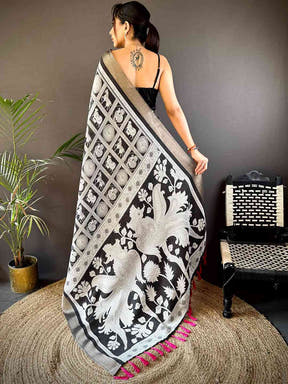 Black Tussar Chex Digital Kalamkari Print Saree