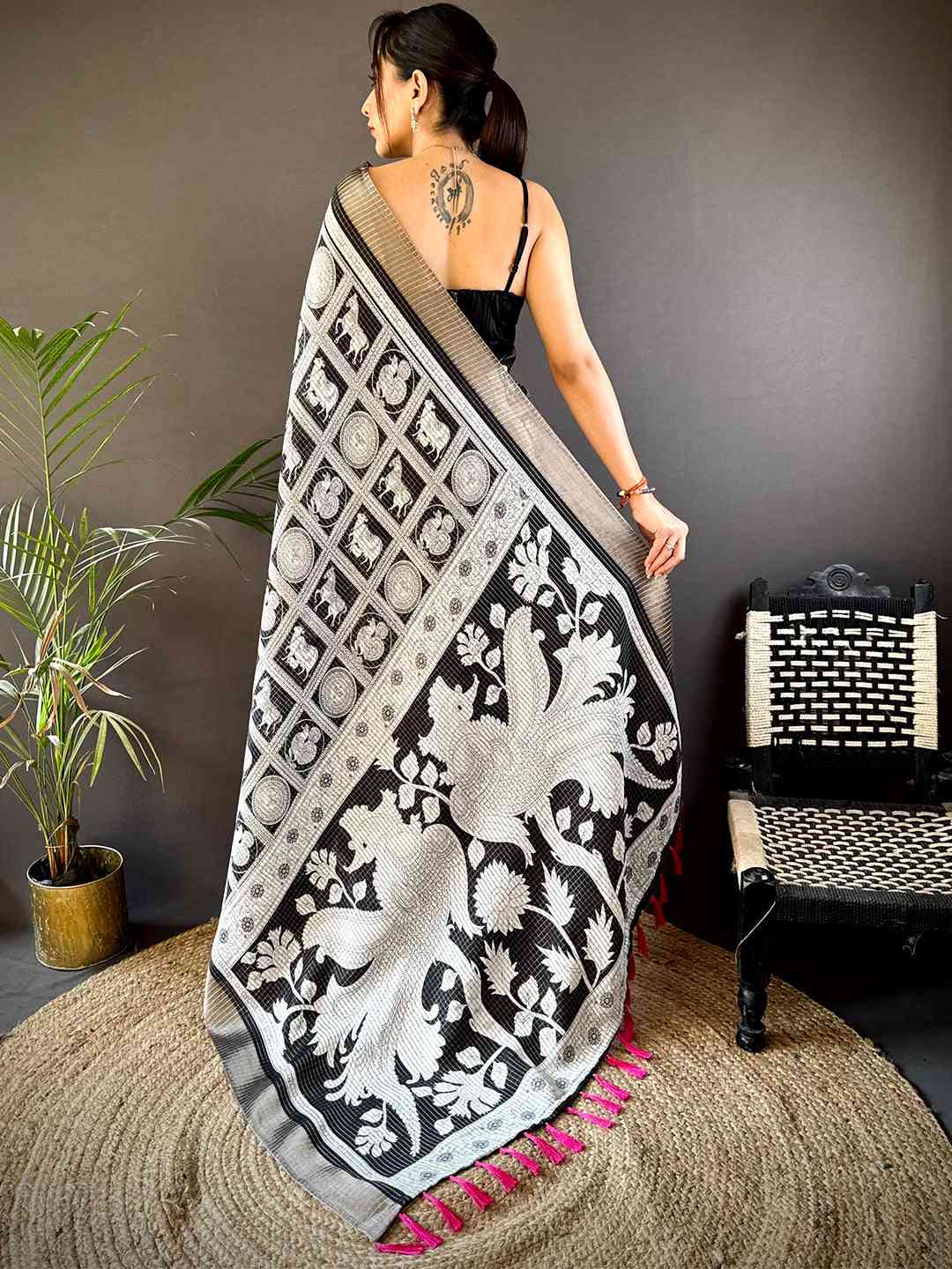 Black Tussar Chex Digital Kalamkari Print Saree