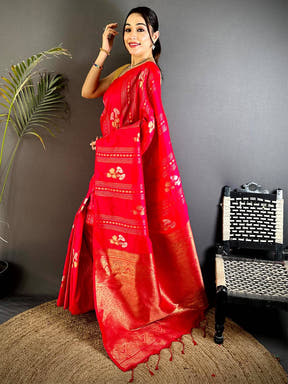 Red Sona Chandi Striped Silk Saree