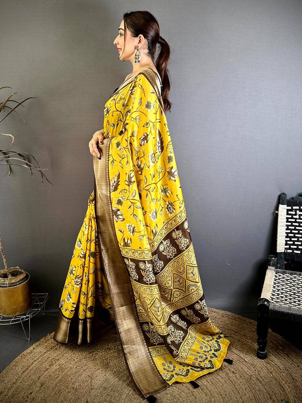 Mustard Soft Dola Silk Floral Kanchi Border Saree
