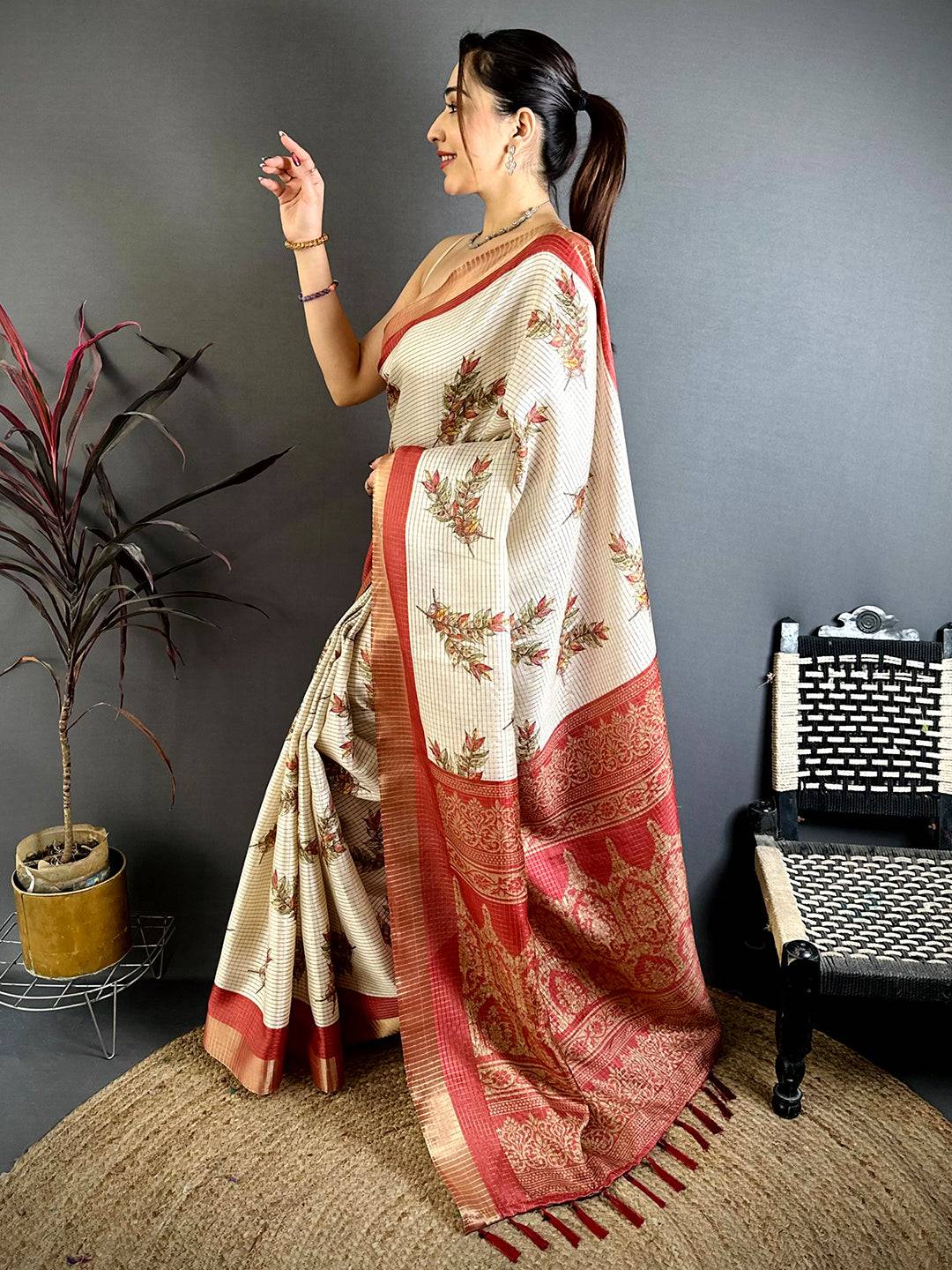 Red Leaf Minakari Tussar Saree