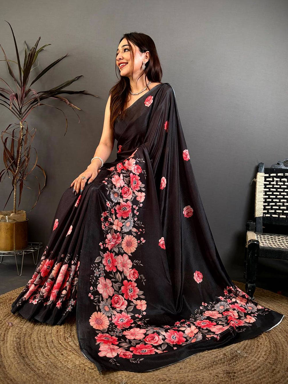 Black Floral Print Soft Chinnon Saree