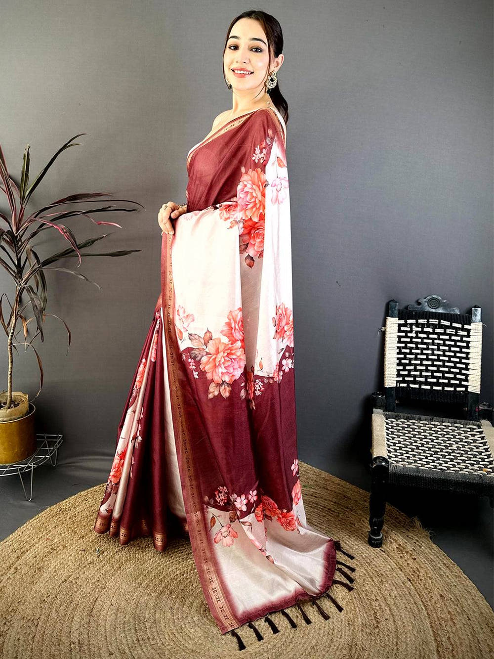 Maroon Soft Silk Floral Lehriya Print Saree