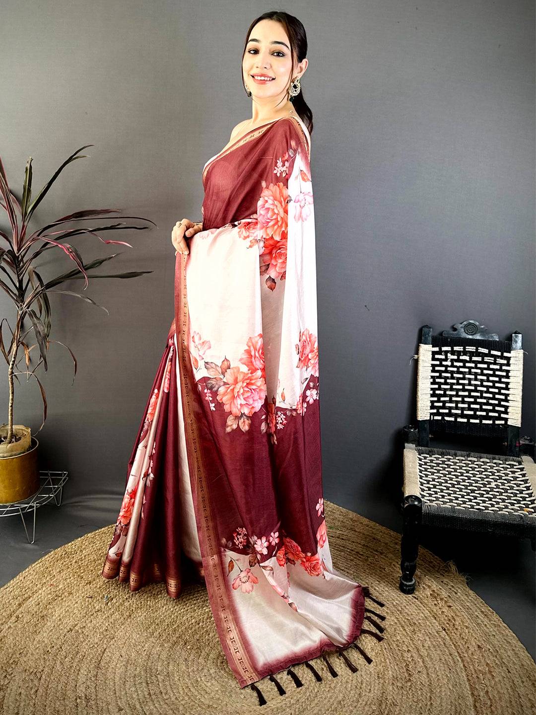 Maroon Soft Silk Floral Lehriya Print Saree