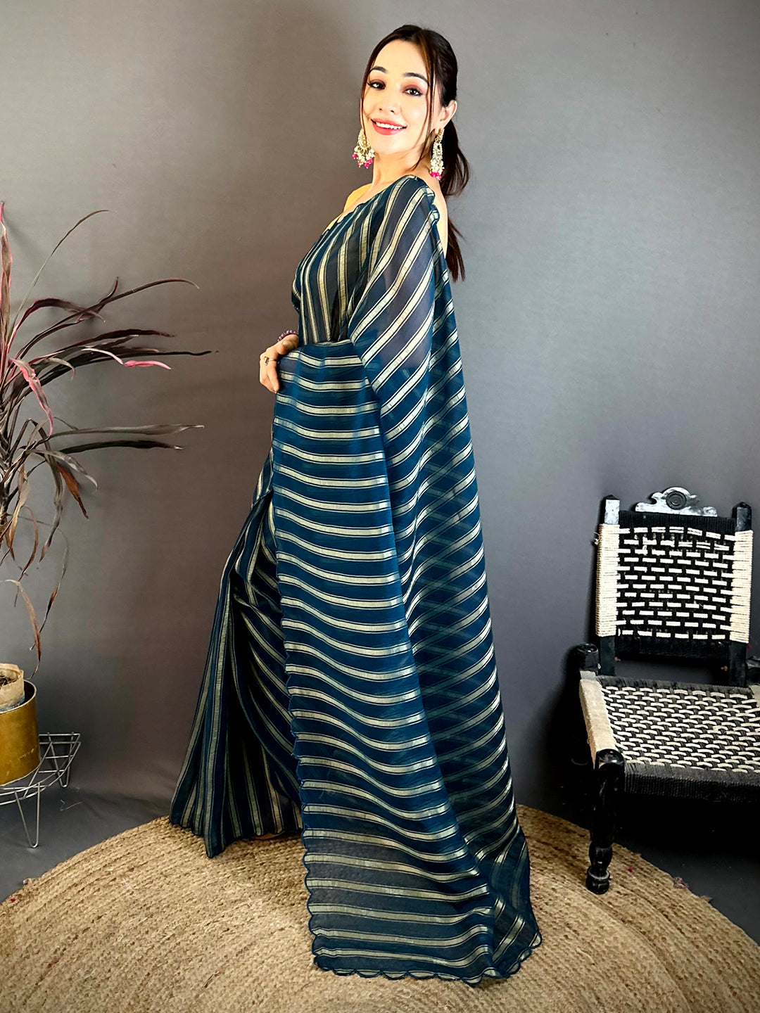 Navy Gold Zari Stripe Chiffon Saree