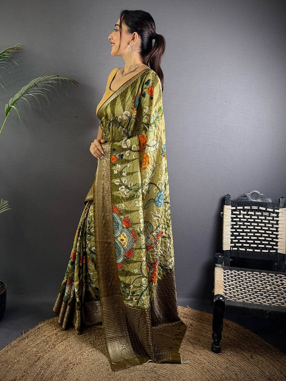 Olive Pure Viscose Mandala Printed Saree