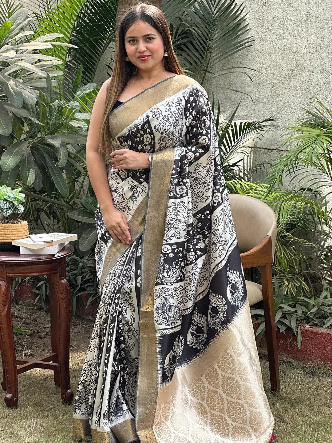 Traditional Kalamkari saree featuring detailed block prints