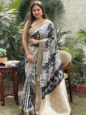 Traditional Kalamkari saree featuring detailed block prints