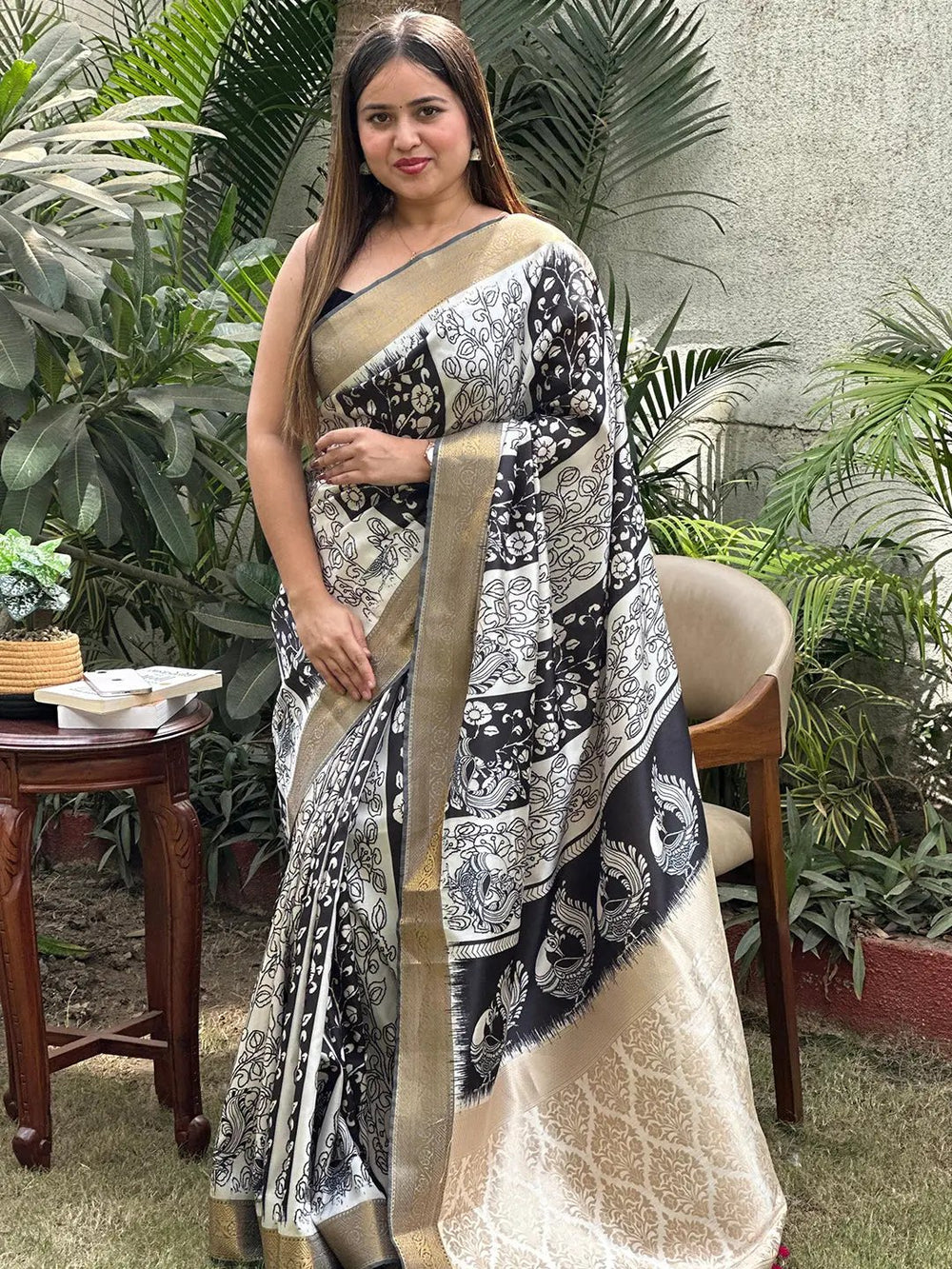 Traditional Kalamkari saree featuring detailed block prints