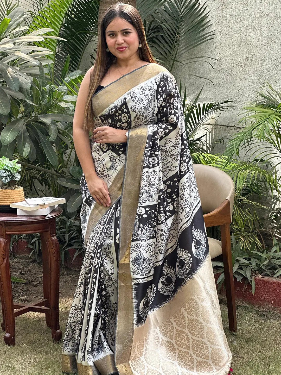 Traditional Kalamkari saree featuring detailed block prints