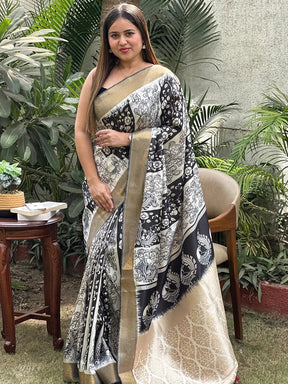 Traditional Kalamkari saree featuring detailed block prints