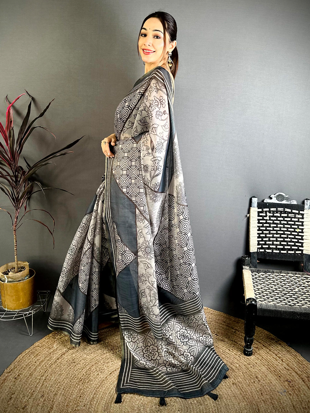 Radiance Ajrakh Print Linen Saree


